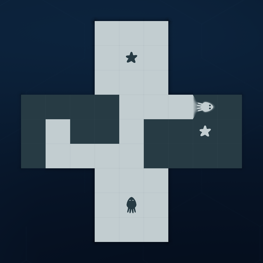 A light inkfish paints a path across a dark row while a dark inkfish waits below on a cross-shaped board.