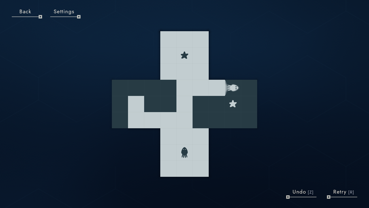 A light inkfish leaves a trail across a cross-shaped board while a dark inkfish waits below.