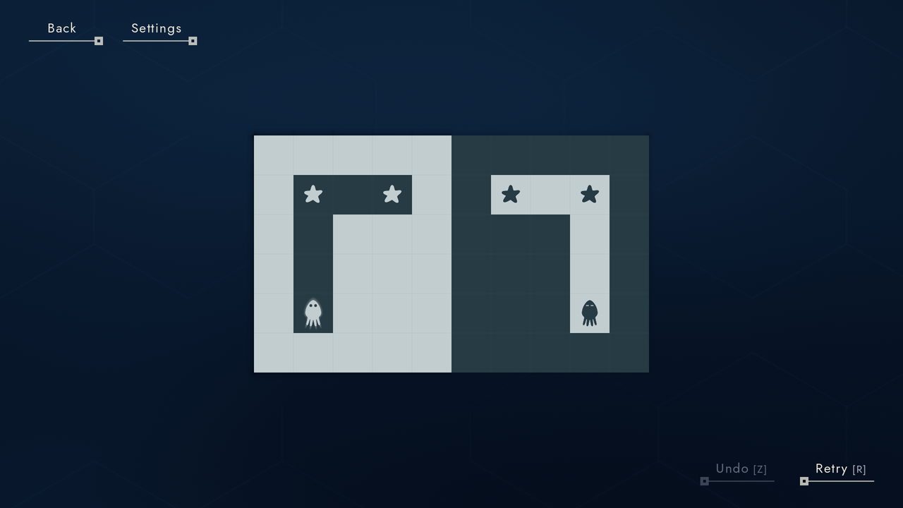 Two inkfish face mirrored paths, with light stars on dark cells and dark stars on light cells.