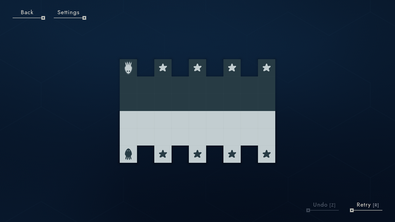 Light and dark inkfish start at opposite edges of a board with stars along alternating teeth.