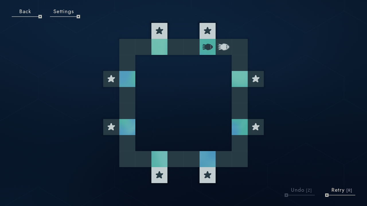 Two inkfish meet near the top of a square ring with colored cells and stars on its outer branches.