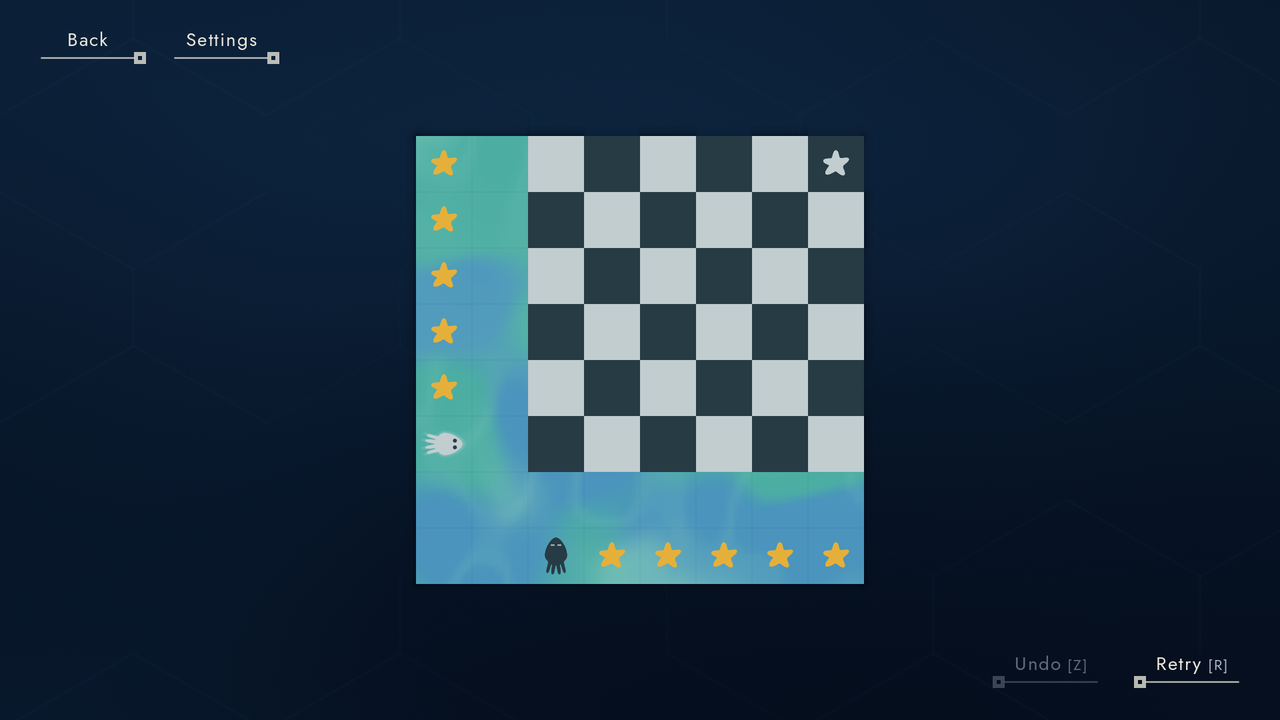 A checkerboard puzzle bordered by blue and teal cells, with gold stars and two inkfish.